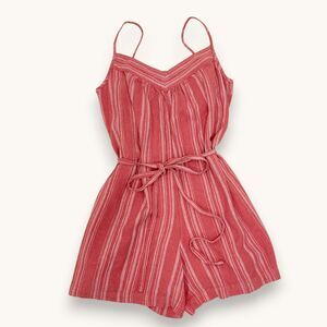 Uniglo Striped Coral Romper Med Adjustable Waist with Tie and Pockets